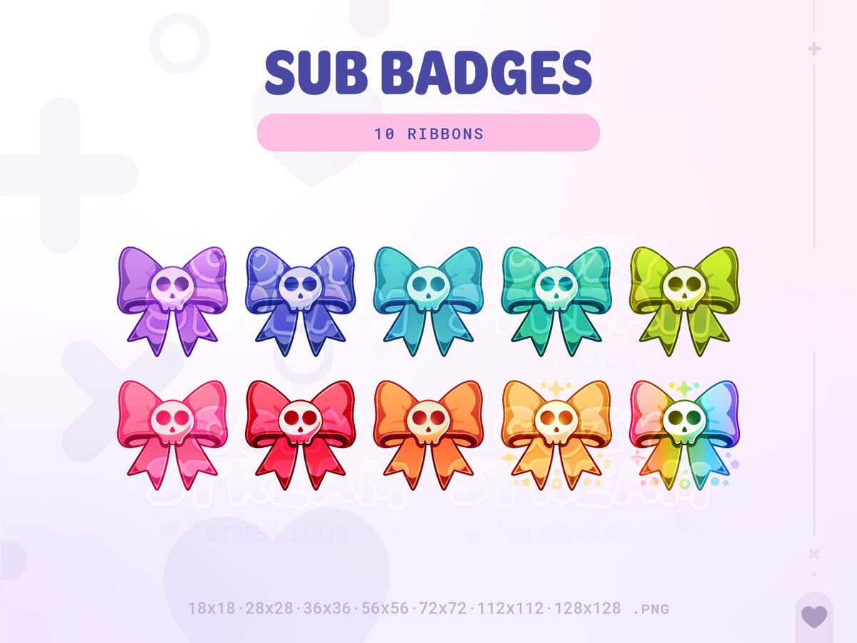 Coquette Goth Twitch Skull Ribbon Sub Badges | Colorful Bit Badges | Channel Point Icons | Cute Bows | Halloween Emotes | Discord | YouTube